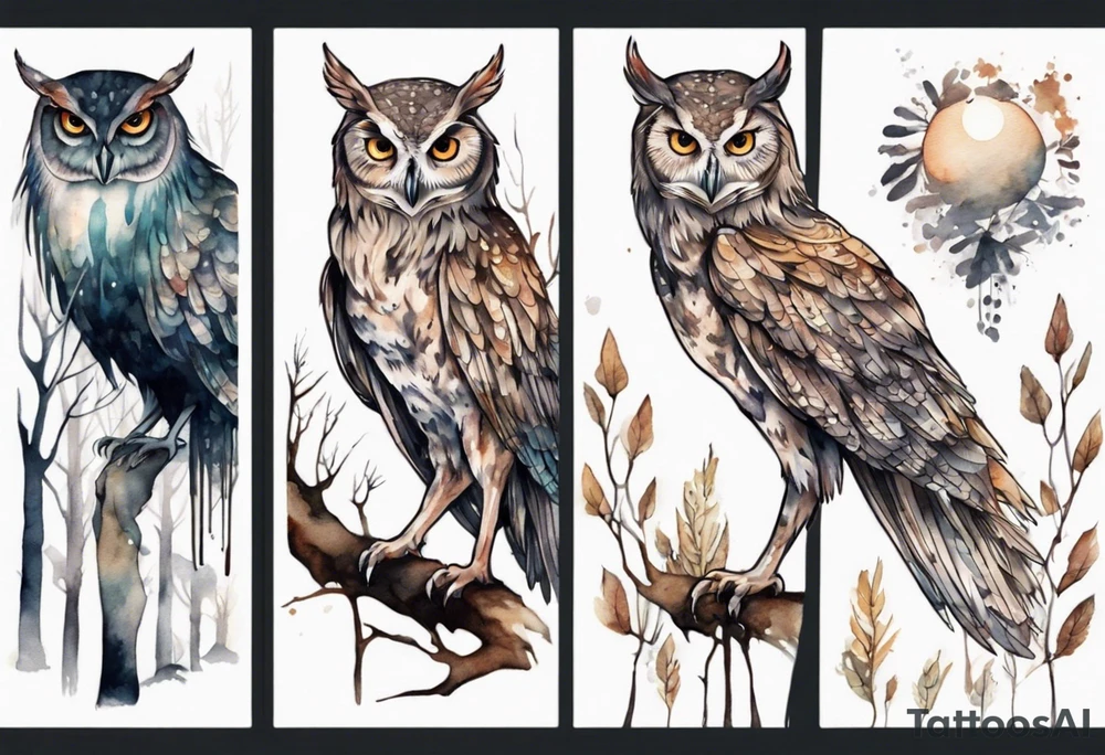 a creature with long legs and the head of an owl walking on a forest path at night tattoo idea