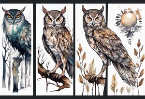 a creature with long legs and the head of an owl walking on a forest path at night tattoo idea