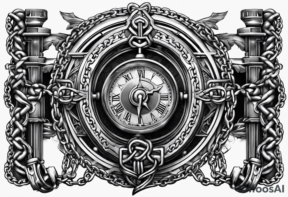 Tattoo of the word 'Self discipline' tied on both ends with metal chains and connected in the middle with a lock tattoo idea