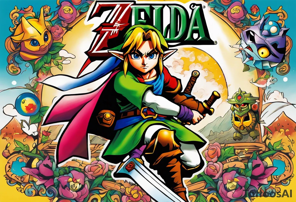 Legend of zelda ocarina of time and majoras mask full sleeve tattoo tattoo idea