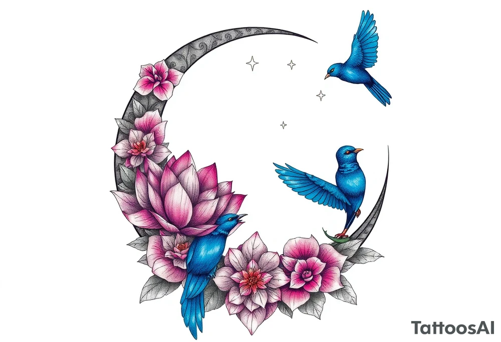 crescent floral moon with lotus flower and celestial and blue birds tattoo idea