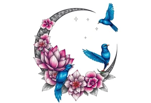 crescent floral moon with lotus flower and celestial and blue birds tattoo idea