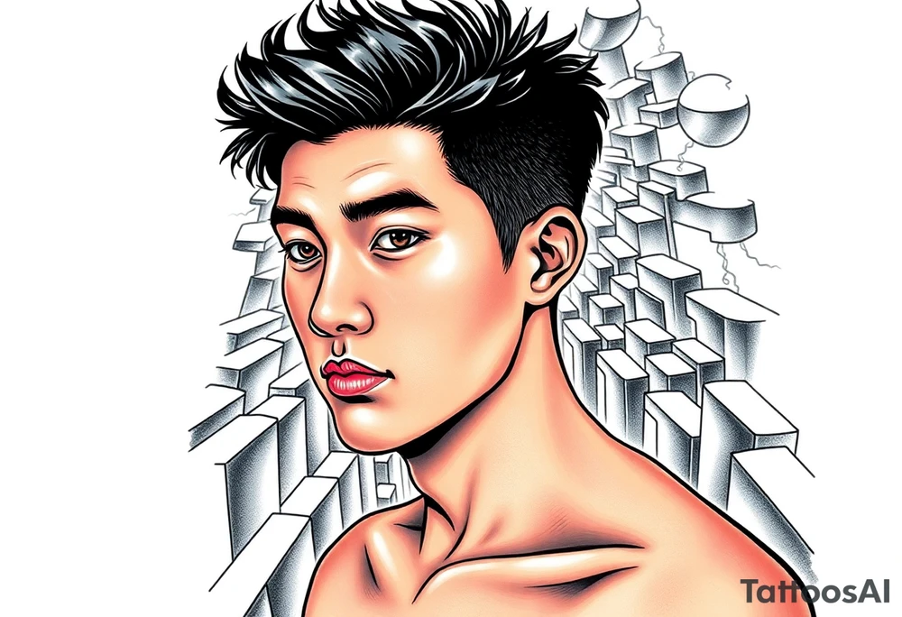 Handsome Asian young guy lost in a scary labyrinth tattoo idea