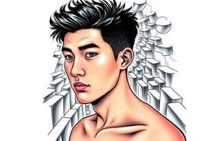 Handsome Asian young guy lost in a scary labyrinth tattoo idea