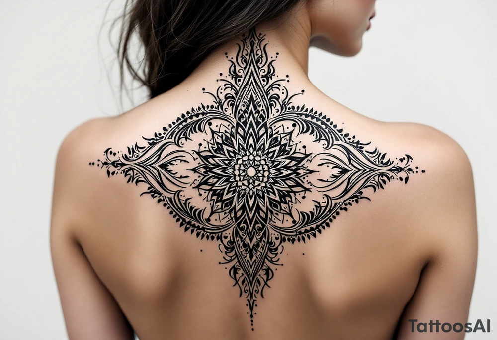 spine tattoo design with symmetrical ornamental patterns, combining dotwork, mandala elements, and flowing lines that follow the natural curves of the body. The design is intricate and balanced.” tattoo idea