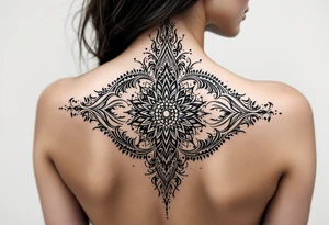 spine tattoo design with symmetrical ornamental patterns, combining dotwork, mandala elements, and flowing lines that follow the natural curves of the body. The design is intricate and balanced.” tattoo idea