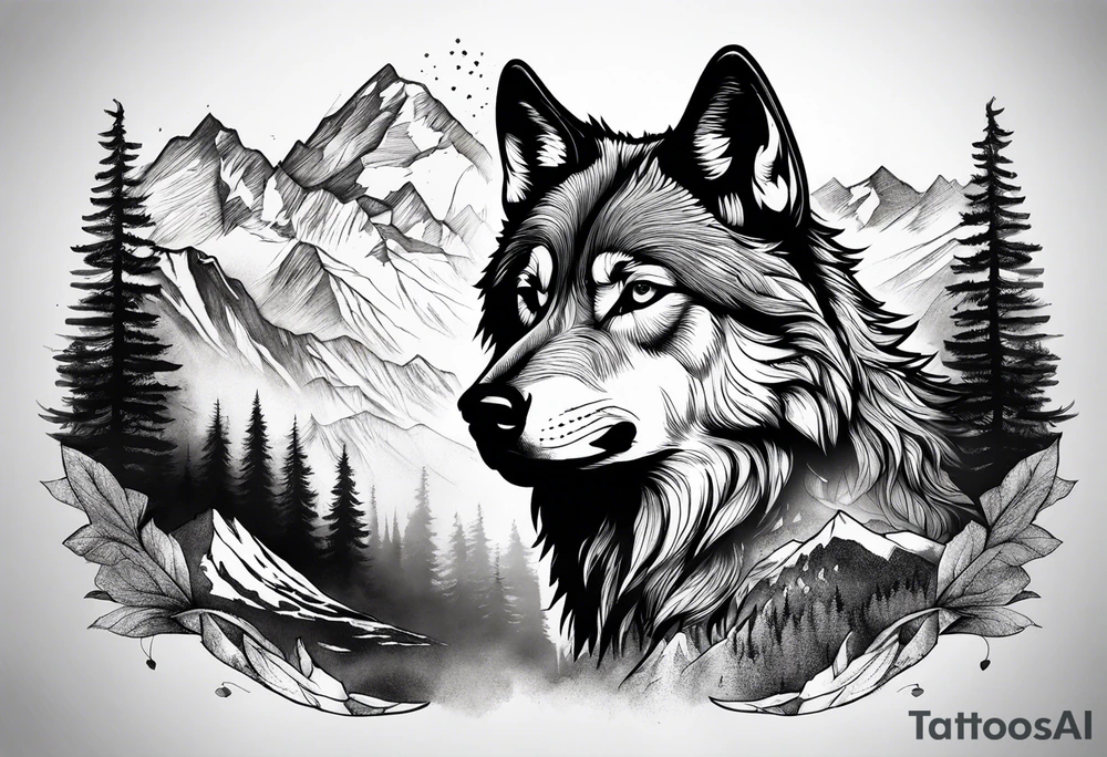 Mountains, wolf in it tattoo idea