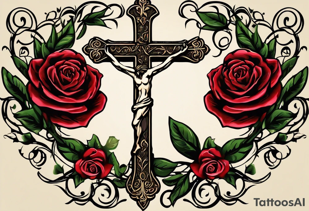 olive branch on wirst at bottom shaped like a manura lamp. A cross above that with smallers olive and rose branches and roses arount it with a crown above the cross on bothe sides small hebrew letters that say king of glory and the other says yeshua messiah in hebrew tattoo idea