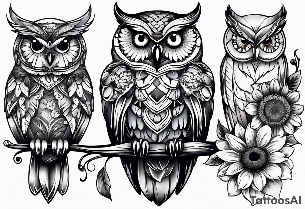 Owl, butterfly and sunflower are sleeve tattoo idea