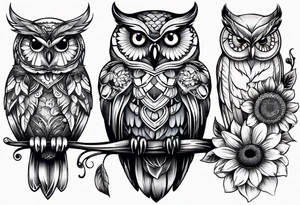 Owl, butterfly and sunflower are sleeve tattoo idea