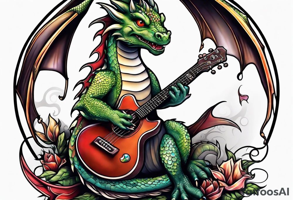 baby dragon with guitar tattoo idea