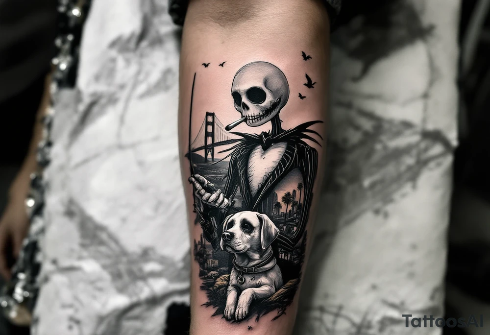 jack skellington with dog,smoking a blunt and fishing,surrounded by city buildings,golden gate bridge, birds, palm trees, tattoo idea