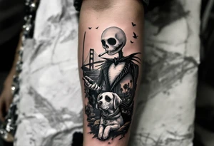 jack skellington with dog,smoking a blunt and fishing,surrounded by city buildings,golden gate bridge, birds, palm trees, tattoo idea