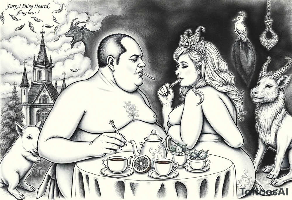 Naked Man and fat woman having sex eating cupcakes and  fruit  having sexy naked fat lady having a tea party with tea pots  with medieval castle  
with mystical  aries a pigs, peacock,  lion, goat, noose and smoking cigerettes looking in the mirror thru storm clouds and broken hearts and darkness and wrath, envy , gluttony, greed, sloth, pride . Gothic tattoo idea