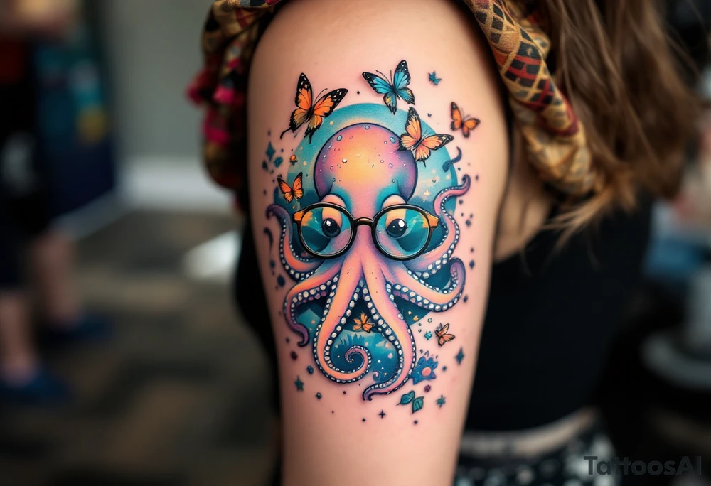 cute octopus, wearing glasses, friendly, surrounded by butterflies and oceanic items tattoo idea