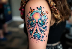 cute octopus, wearing glasses, friendly, surrounded by butterflies and oceanic items tattoo idea