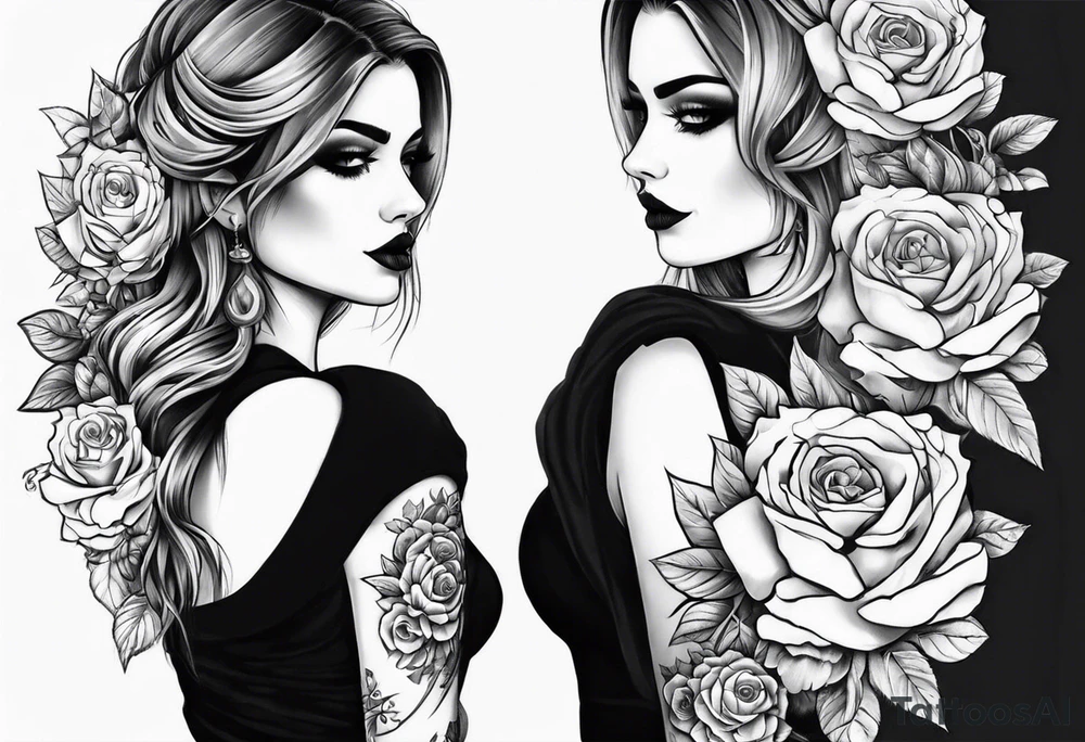 chest tattoo, from shoulder to shoulder, covering lover part of the neck. contains skulls, roses and muertos style girls tattoo idea