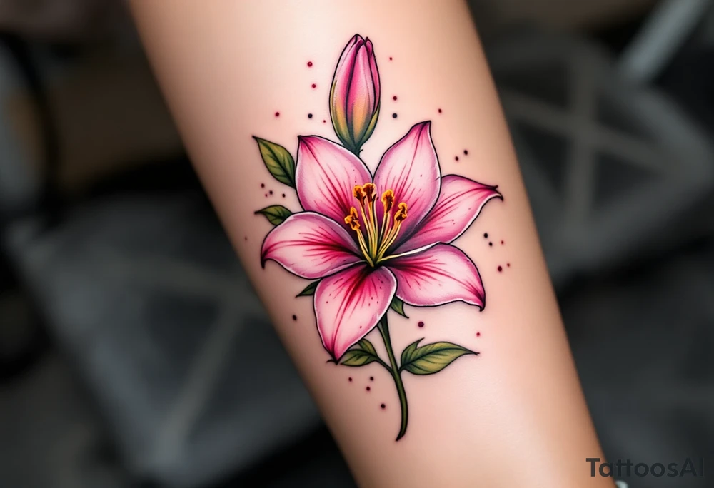 This image showcases a beautifully detailed Stargazer lily tattoo on a person’s leg. The tattoo features a fully bloomed pink lily with delicate shading and intricate petal details, giving it a realistic appearance. The petals have a soft gradient of pink with darker edges and speckled markings, characteristic of Stargazer lilies.

The design also includes a budding flower at the top, adding depth and a sense of natural growth. The green leaves and stem provide contrast, making the pink petals stand out. Surrounding the flower are subtle ink splashes or dot work, enhancing the watercolor effect and giving the tattoo a soft, artistic touch.

Overall, this tattoo exudes elegance, femininity, and a deep connection to nature, often symbolizing passion, prosperity, and celebration. Let me know if you’d like a custom design based on this style! tattoo idea