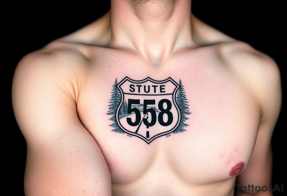 Arm sleeve small State Route sign 558, with trees all around and farm in background, road w/ view facing up the arm tattoo idea