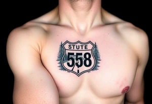 Arm sleeve small State Route sign 558, with trees all around and farm in background, road w/ view facing up the arm tattoo idea