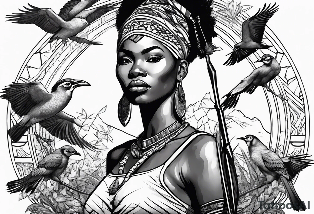 African woman warrior holding a spear with birds in the background and giraffe tattoo idea