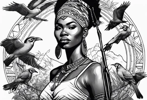 African woman warrior holding a spear with birds in the background and giraffe tattoo idea