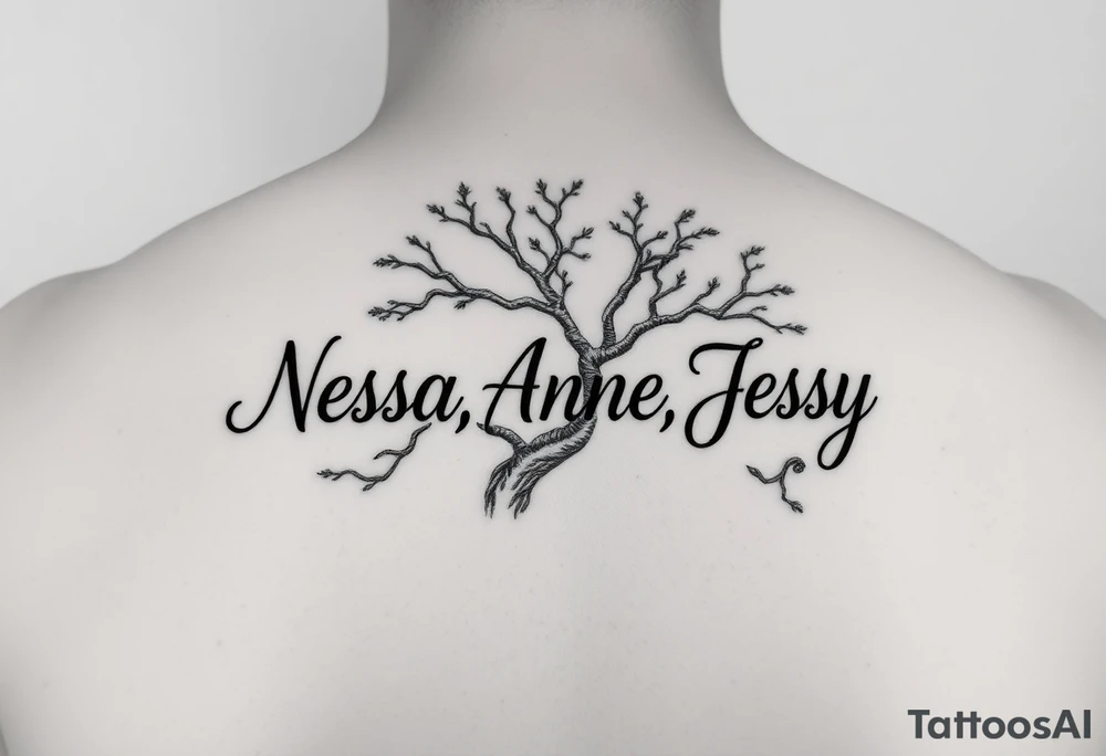 the name Nessa, Anne, Jessy
 on a live tree tattoo idea