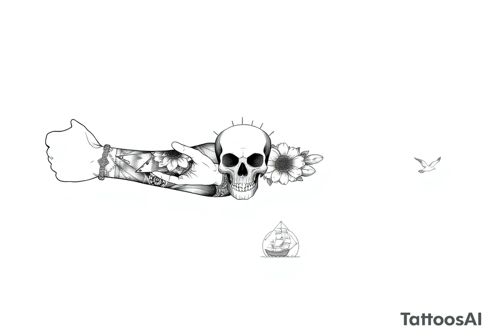 make a seamless sleeve design for a left arm from top of shoulder to wrist in fine line art that includes the images: candlestick, triangle, open hands, light, crown, a path, jacob wrestling with God, skull, ocean, bison, shepherd crook, dove, electricity, ship on the sea tattoo idea