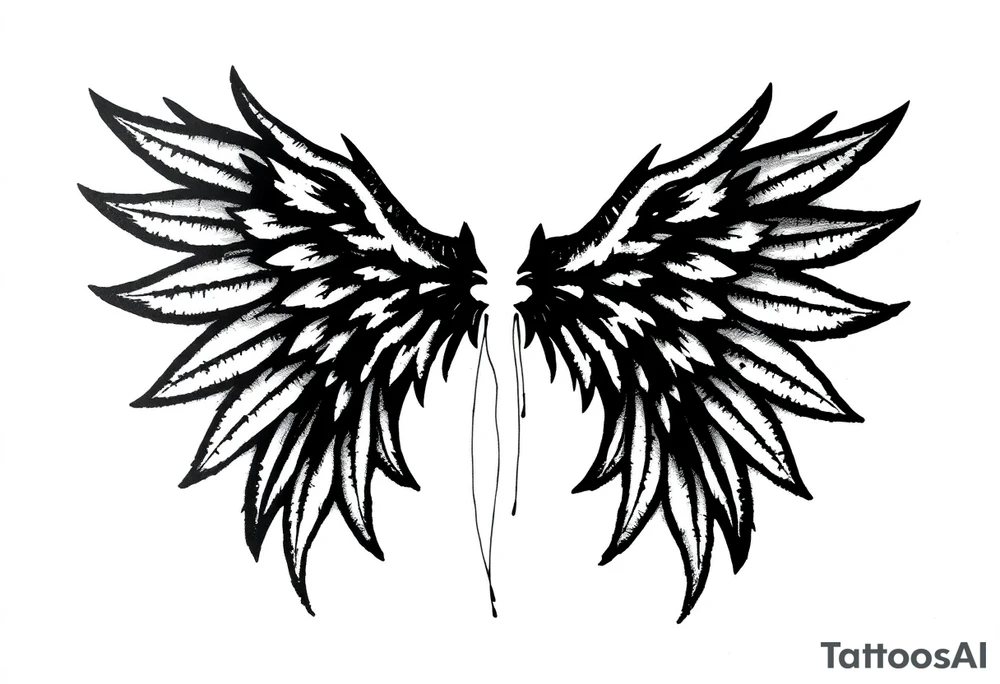 This tattoo design features a pair of stylized wings drawn in black ink with a sketch-like, abstract aesthetic. The wings are composed of sharp, angular feathers with jagged edges, giving them a rough, almost tribal or gothic appearance. The shading is done with a mix of soft gradients and stippling, adding depth and texture to the design. The center where the wings meet is fragmented, with thin lines extending downward, creating a sense of movement and raw energy. This design would make for a bold and edgy tattoo, symbolizing freedom, strength, or a rebellious spirit. tattoo idea