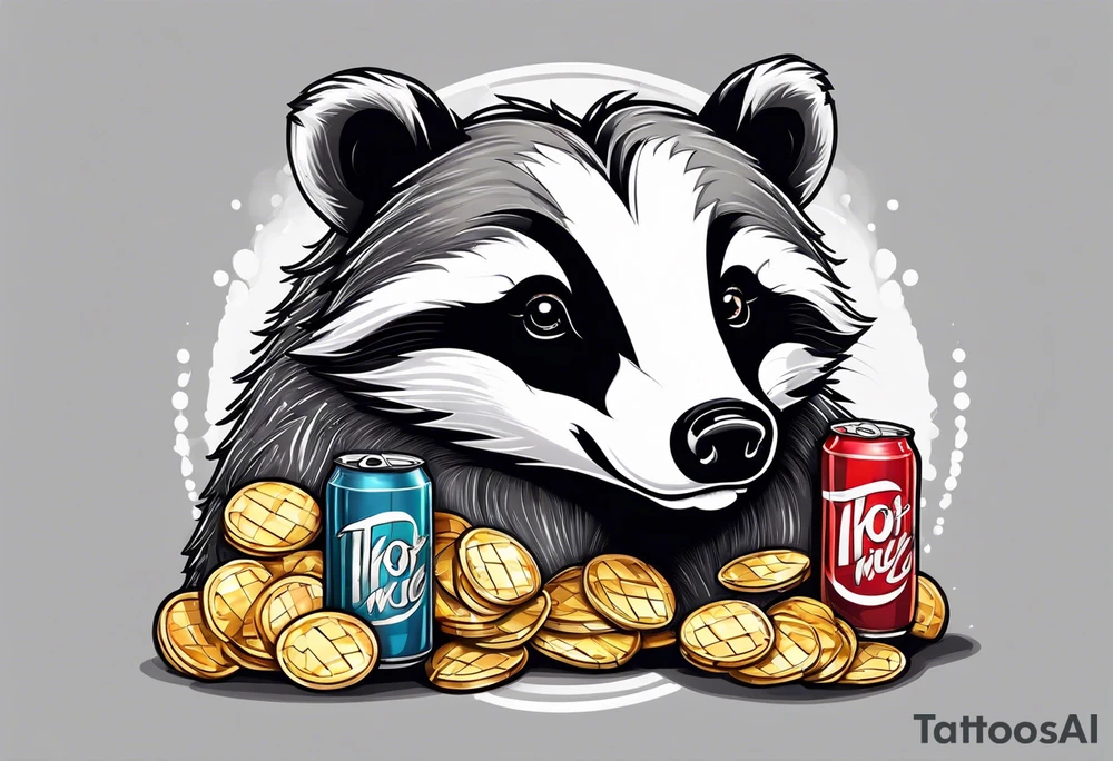 badger with mouth open with soda can and chips in hands tattoo idea
