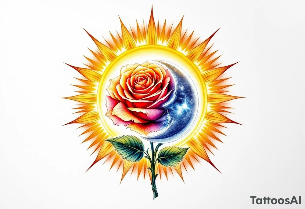 Behind the rose, a glowing golden sun with sharp rays extending outward, painted in warm yellows and oranges to create a vibrant, fiery aura around the flower. The sun symbolizes energy, life, and growth. The light from the sun subtly illuminates the rose, reflecting its warmth. On the opposite side of the rose, a soft silver crescent moon, painted in light silver with soft blue highlights, casting a gentle glow over the rose. The moon represents calm, serenity, and the quieter aspects of love. The moon’s soft glow balances the brightness of the sun, symbolizing the balance between day and night. tattoo idea