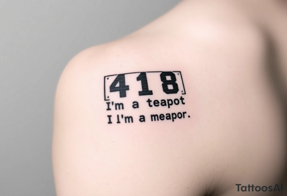 "Minimalist black tattoo of a server error message:  
'418: I’m a Teapot' in pixelated font.  
Below: tiny 'This is not a metaphor' in Comic Sans.  

Style: Glitch art. Placement: Inner arm. No colors." tattoo idea