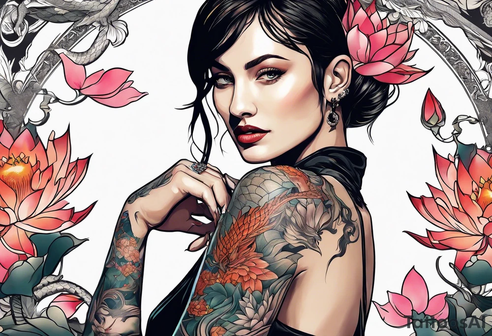 A woman with a dragon tattoo on her arm, holding a lotus flower, 16:9 tattoo idea