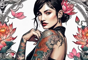 A woman with a dragon tattoo on her arm, holding a lotus flower, 16:9 tattoo idea