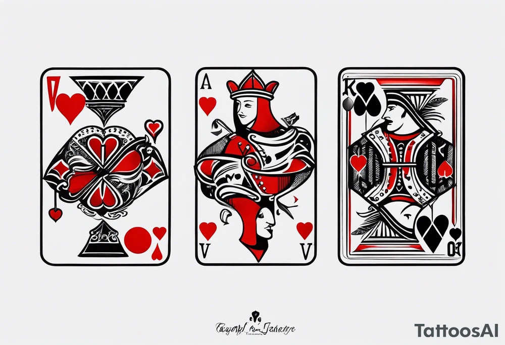 one combined tatto in minimalistic style with icon style three king of spades and icon style one queen of hearts. extreme minimalstic and few lines. much more minimalistic and fewer lines tattoo idea