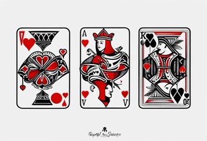 one combined tatto in minimalistic style with icon style three king of spades and icon style one queen of hearts. extreme minimalstic and few lines. much more minimalistic and fewer lines tattoo idea