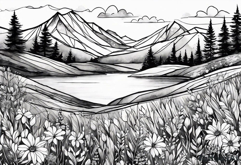 4-6in in length line - wildflower in watercolor represents overcoming challenges & strength - mountains, waves with a little sunshine tattoo idea