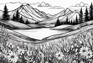 4-6in in length line - wildflower in watercolor represents overcoming challenges & strength - mountains, waves with a little sunshine tattoo idea