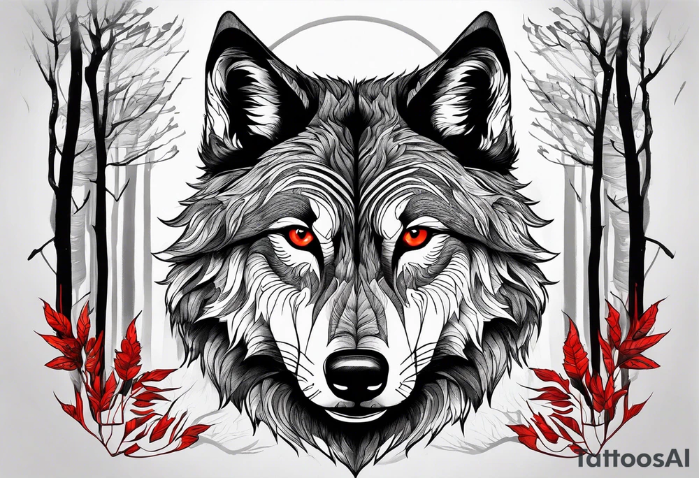 wolf with red eyes date 13/02/2022 in roman numerals forest background tattoo idea