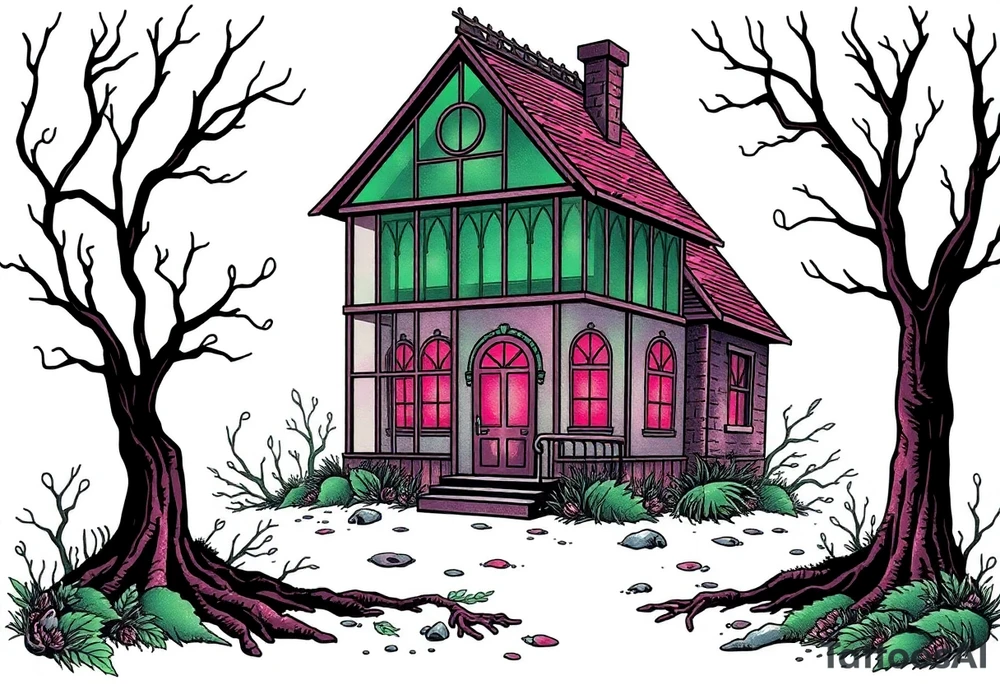 Tim Burton’s glass green house is abandoned and dripping with muted reds, dusty pinks, and eerie green glow. tattoo idea tattoo idea