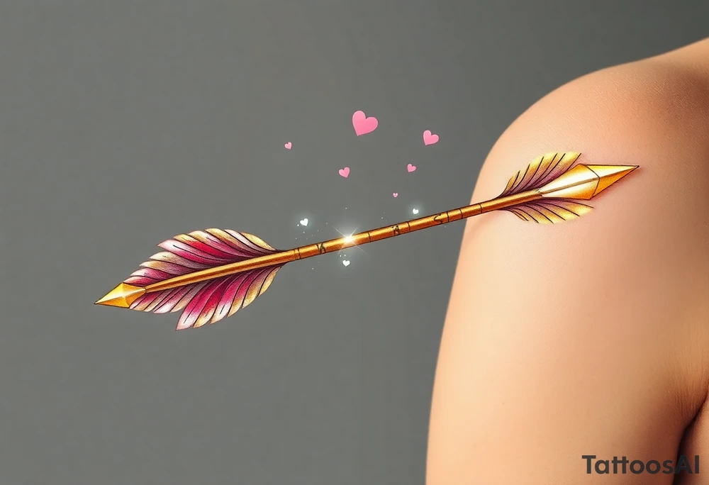 A sleek golden arrow with an intricately carved runic inscription along the shaft, symbolizing a fated love. The arrow’s feathered fletching is detailed with soft pink and red hues, while the arrowhead glows with a subtle silver light, representing destiny. Surrounding the arrow are tiny floating hearts and sparkles, creating a mystical aura of passion and devotion. The design gives the impression of the arrow mid-flight, striking straight into the heart of love. tattoo idea