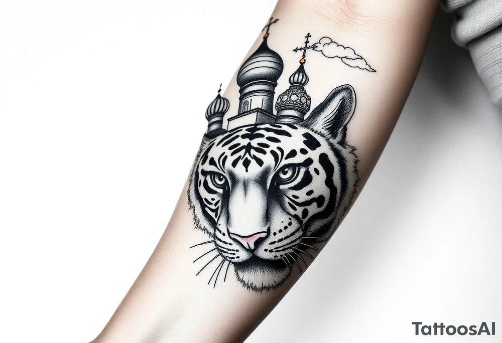 Realistic tiger face on the back of the hand with strong contrast and fine detail with hollow black eyes. with a highly detailed Russian Orthodox cathedral sitting above on fore arm with onion domes and orthodox crosses, done in fine line, engraving-like style. Cohesive composition, black ink only, no color, high contrast, slightly aged, documentary-style, plain light background. with clouds above and a virgin mary tattoo idea