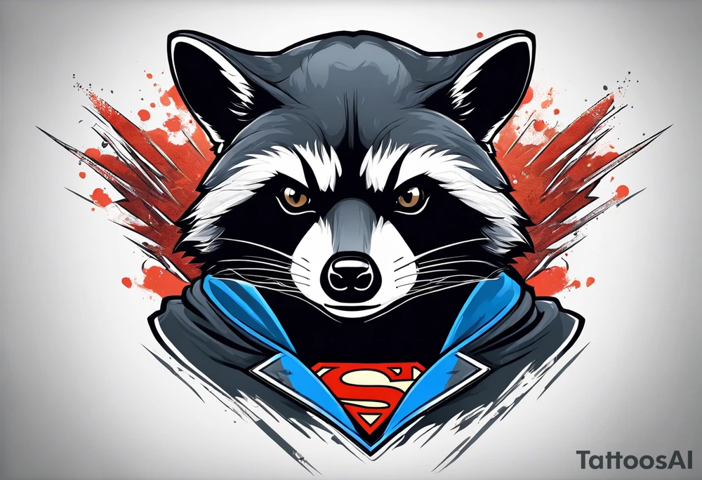 Raccoon wearing a white Superman logo on a black hoodie tattoo idea