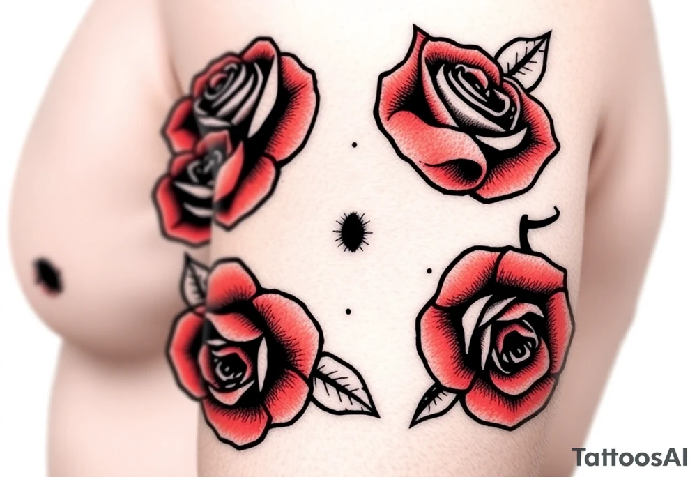 A mole with bold black outlines, and red roses surrounding it for a classic old-school aesthetic tattoo idea