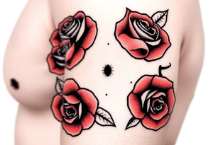A mole with bold black outlines, and red roses surrounding it for a classic old-school aesthetic tattoo idea