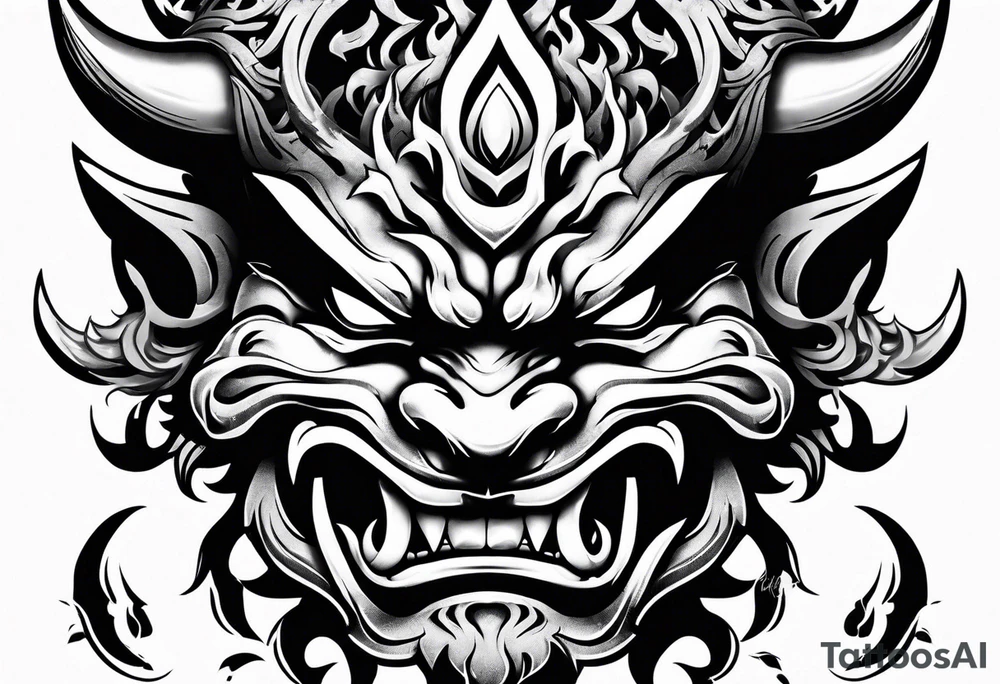 Oni mask with mouthful of flames tattoo idea