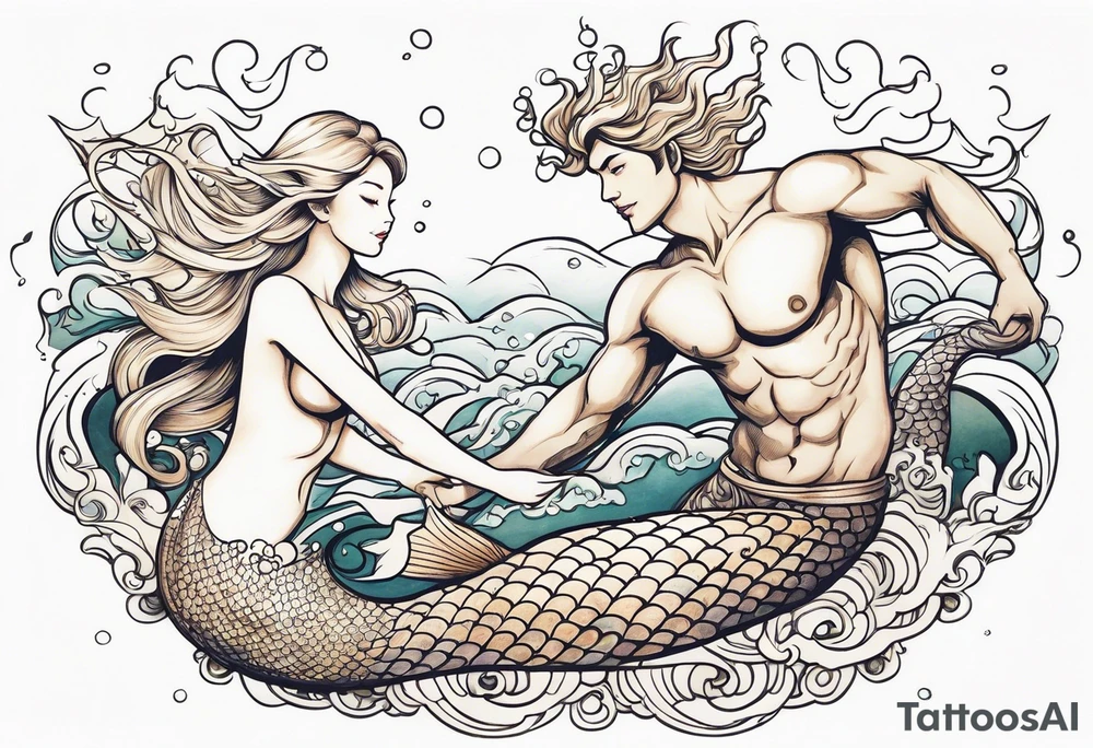 Blond mermaid and merman son frolicking in the ocean tattoo idea