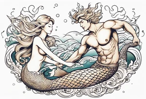 Blond mermaid and merman son frolicking in the ocean tattoo idea