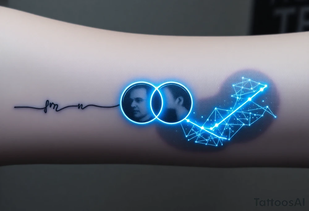 Tron-inspired tattoo design symbolizing legacy, father and son connection, and continuation of unfinished dreams. A glowing light line begins faint and fragmented, representing the father’s passing, then transitions into a strong radiant blue-white Tron energy line symbolizing the son carrying on the legacy. Two overlapping Tron identity discs connect in the center, showing the torch being passed. In the background, a subtle, ethereal silhouette of the father’s face watching proudly, made of digital light particles, fading into the grid. Include small roman numerals “VI·IV·MMXXIII” hidden within the light lines. Futuristic, emotional, clean composition, fine-line realism mixed with neon light energy, cinematic sci-fi atmosphere, forearm tattoo layout, soft glow effect, high detail, black and blue tones. tattoo idea