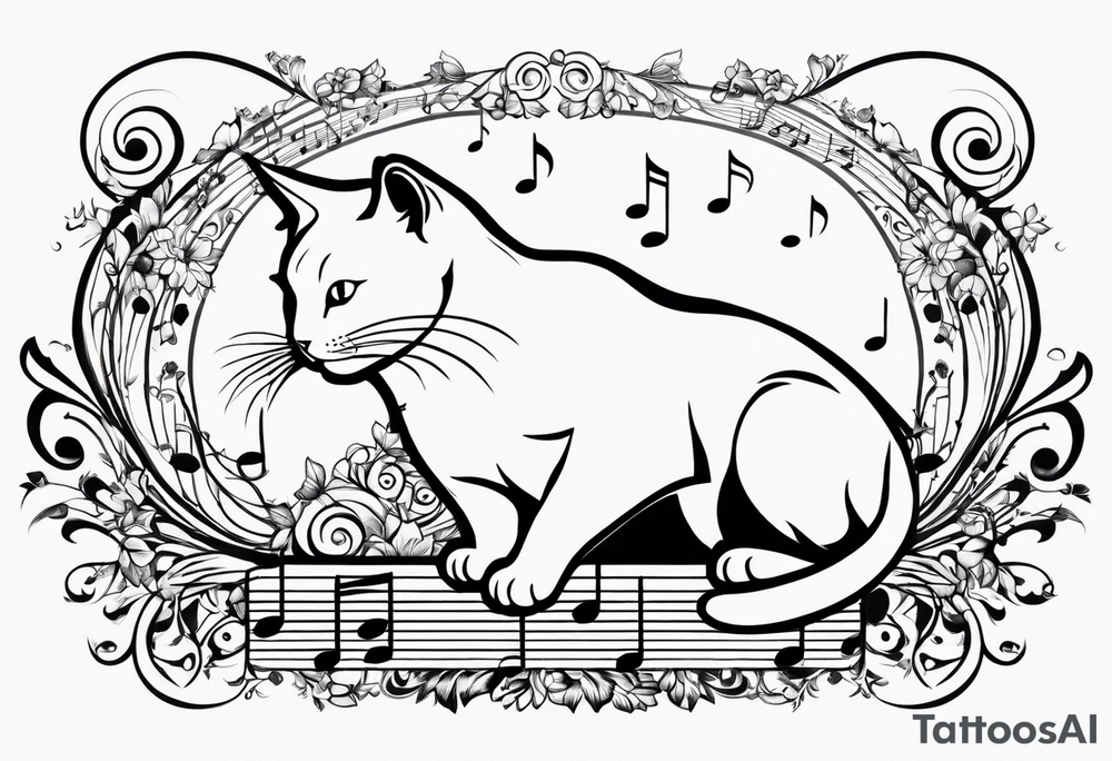 Small Outline of cat reaching to a music note tattoo idea